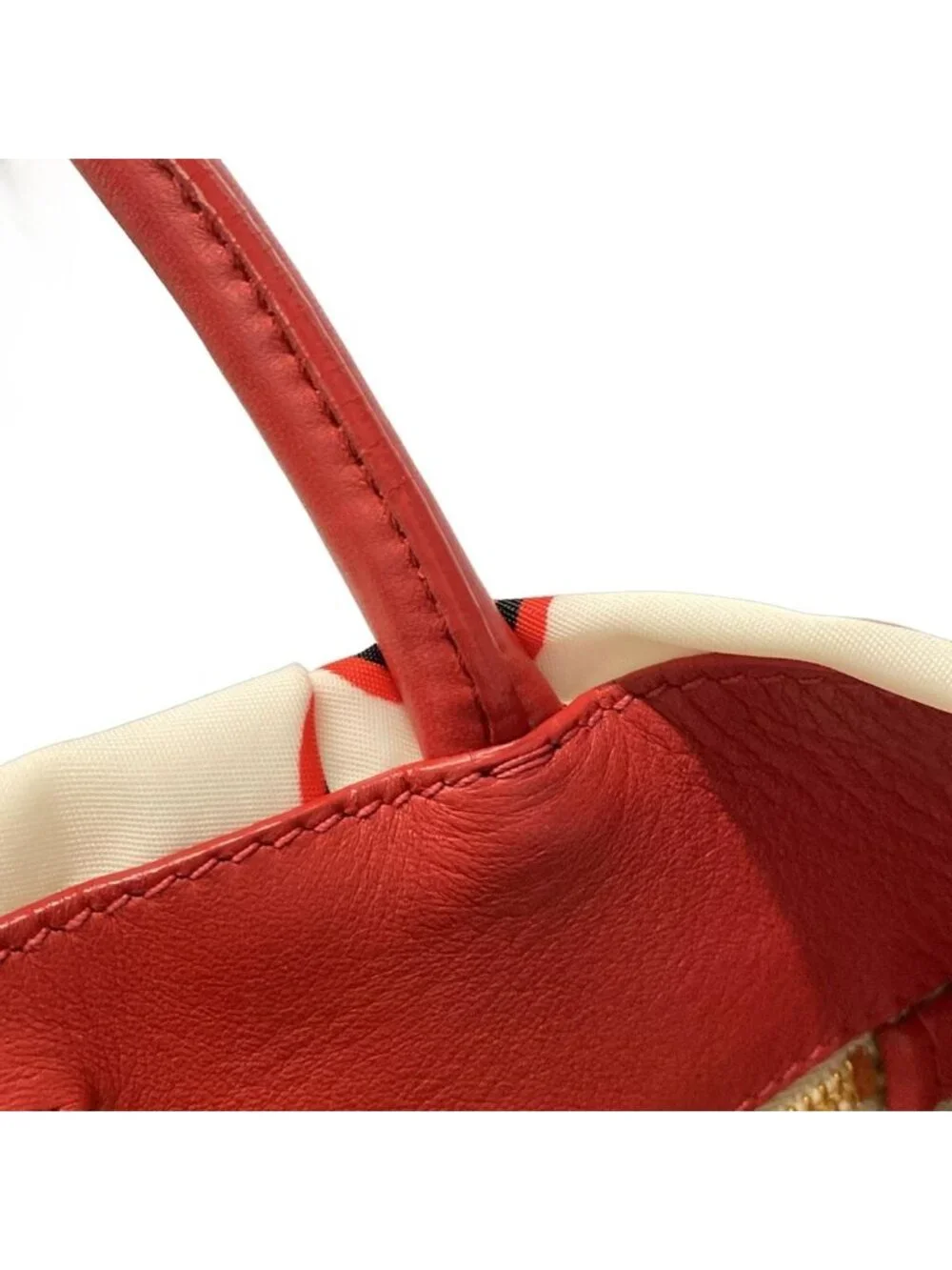 Prada Tote Ivory Red Black Heart Pattern Ribbon Leather - Picture 11 of 15